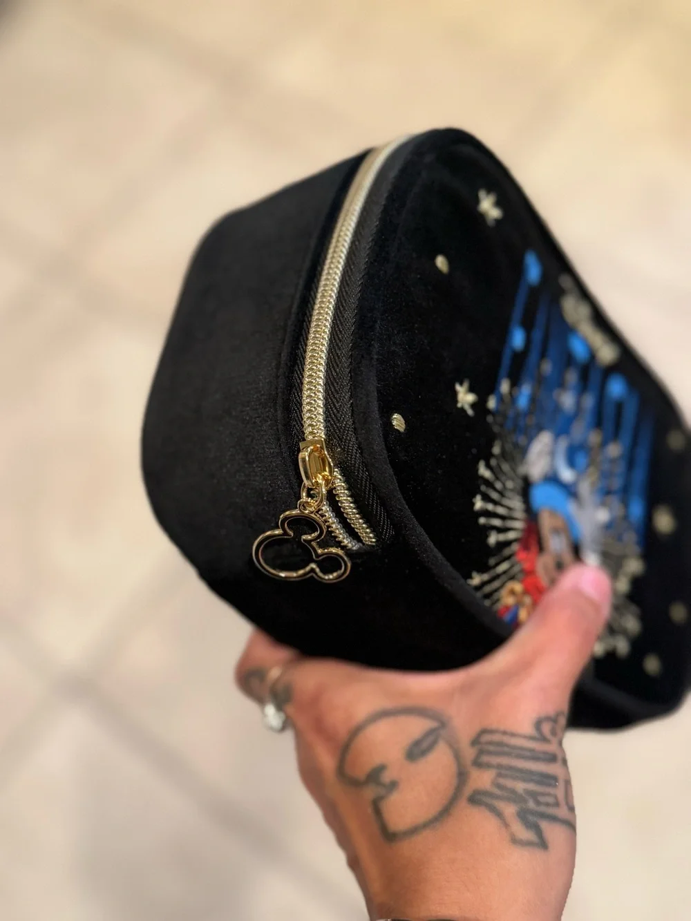 Disney Fantasia Mickey Mouse Black Velvet Cosmetic Wristlet with Gold Stars